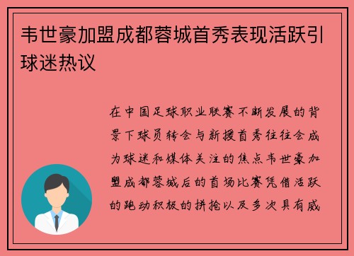 韦世豪加盟成都蓉城首秀表现活跃引球迷热议