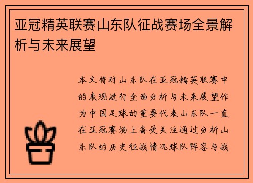 亚冠精英联赛山东队征战赛场全景解析与未来展望 亚冠精英联赛山东队征战赛场全景解析与未来展望