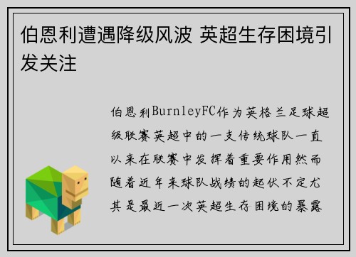 伯恩利遭遇降级风波 英超生存困境引发关注 伯恩利遭遇降级风波 英超生存困境引发关注