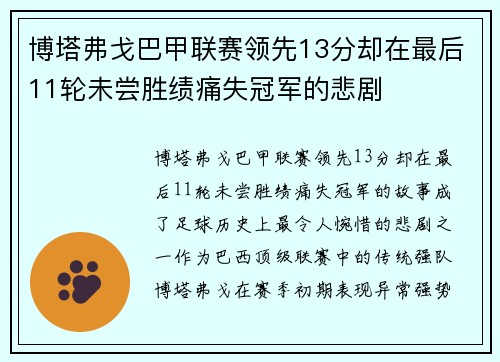 博塔弗戈巴甲联赛领先13分却在最后11轮未尝胜绩痛失冠军的悲剧 博塔弗戈巴甲联赛领先13分却在最后11轮未尝胜绩痛失冠军的悲剧
